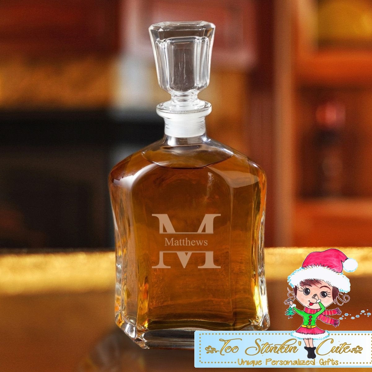Personalized Decanter - Glass Whiskey Decanter - 8 Monogram Designs (Housewarming, Father's Day, Bar, Man Cave, Men)