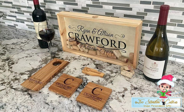 Personalized Housewarming Bundle (Father's Day, Bar, Man Cave, Men, Mothers Day, Mom, Wine, Coaster, Bottle Opener, Cork Keeper)