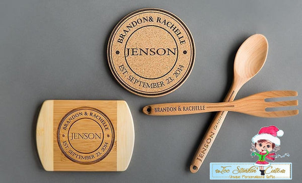 Personalized Housewarming Kitchen Bundle (Father's Day, Bar, Man Cave, Men, Mothers Day, Mom, Wooden Spoon Fork Cutting Board Hot Pad)