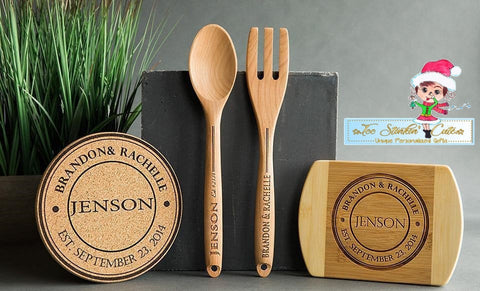 Personalized Housewarming Kitchen Bundle (Father's Day, Bar, Man Cave, Men, Mothers Day, Mom, Wooden Spoon Fork Cutting Board Hot Pad)