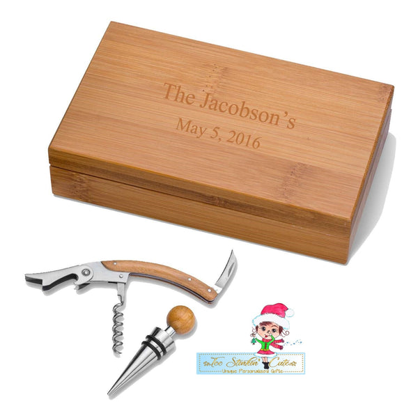 Personalized ANY NAME Bamboo Wine Kit/ Bottle Opener/ Custom Wine Tools/ Newlywed/ Wedding/ Unique Gift