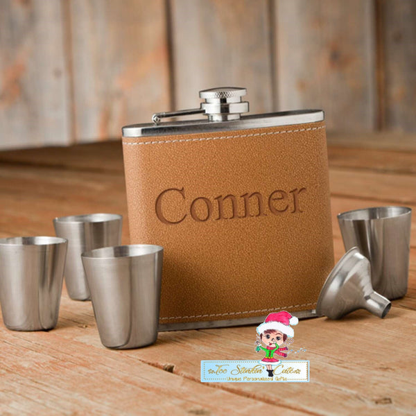 Personalized ANY NAME Hide Stitch Flask & Shot Glass Gift Box Set/ Custom Liquor Flask/ Unique Gift/ Fathers Day Wedding Groomsman Bar Beer