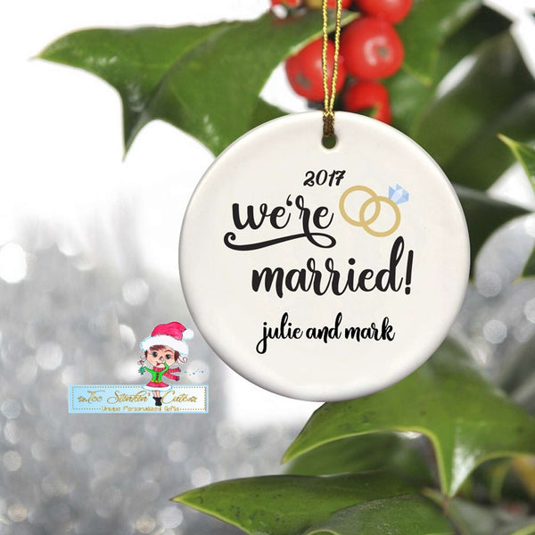 Personalized ANY NAMES + DATES Ceramic We're Engaged! Christmas Ornament/ Custom Couple's Ornament/ Unique Gift/ Engaged/ Wedding/ Couple