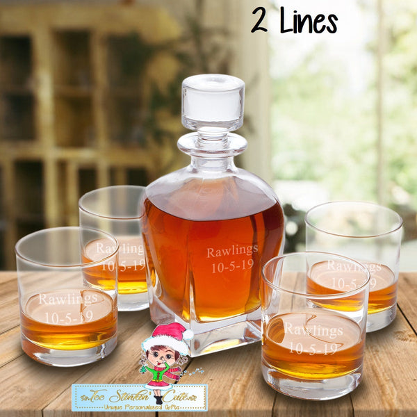 Personalized Decanter set with 4 low balls/ Whiskey Barware Bar Liquor Men Boss Executive Wedding
