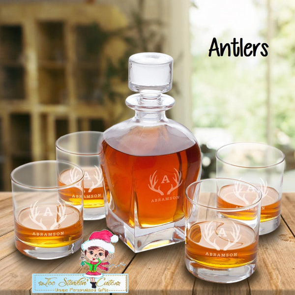 Personalized Decanter set with 4 low balls/ Whiskey Barware Bar Liquor Men Boss Executive Wedding