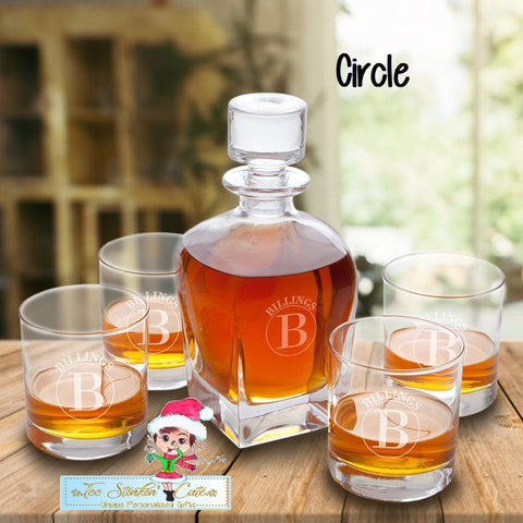 Personalized Decanter set with 4 low balls/ Whiskey Barware Bar Liquor Men Boss Executive Wedding