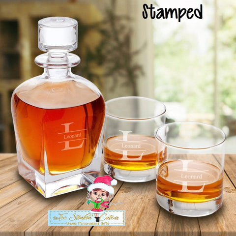 Personalized Decanter set with 2 low balls/ Whiskey Liquor Bar Barware Boss Executive Men Dad