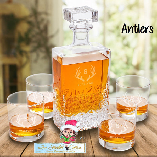 Personalized Decanter set with 4 low balls/ Liquor Whiskey Barware Boss Executive Dad Bar