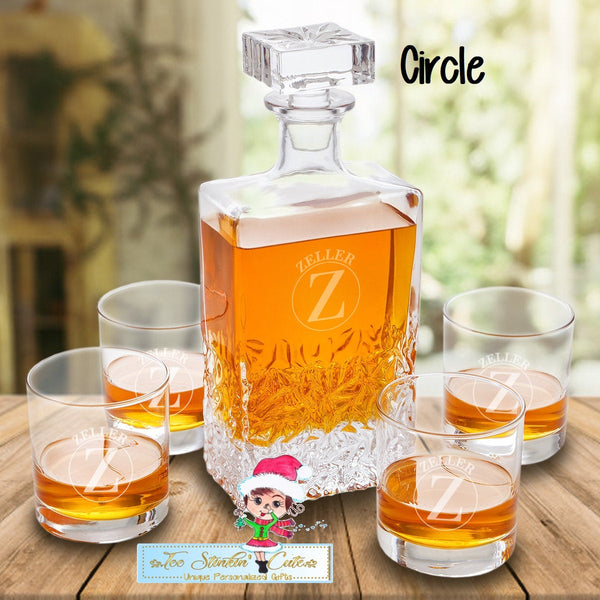 Personalized Decanter set with 4 low balls/ Liquor Whiskey Barware Boss Executive Dad Bar