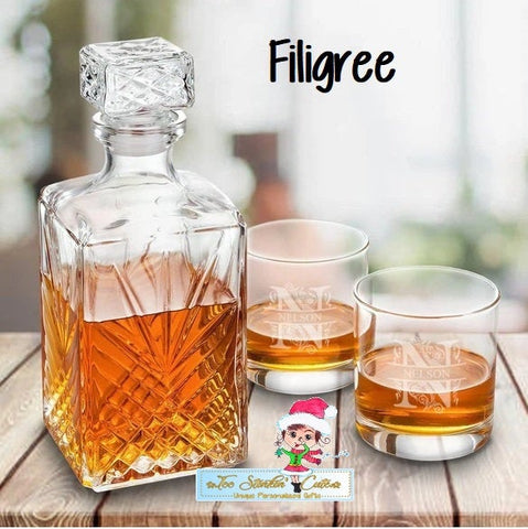 Personalized Custom Whiskey Decanter with two Glasses/ Liquor/ Barware Men Boss Executive Wedding Housewarming