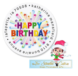 Custom Personalized Birthday Burst Round Address Labels/ Star Cute Return Address