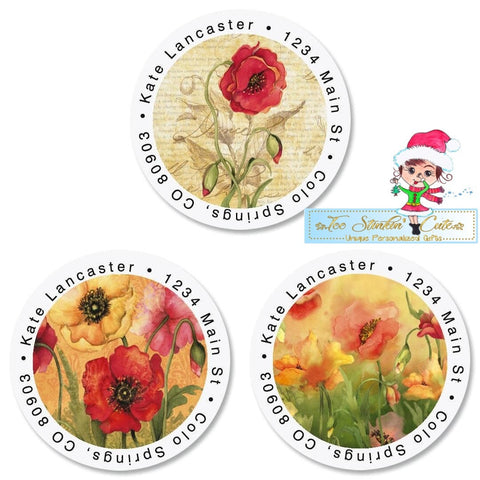 Custom Personalized Round Address Labels Flower Poppies/ Cute Return Address