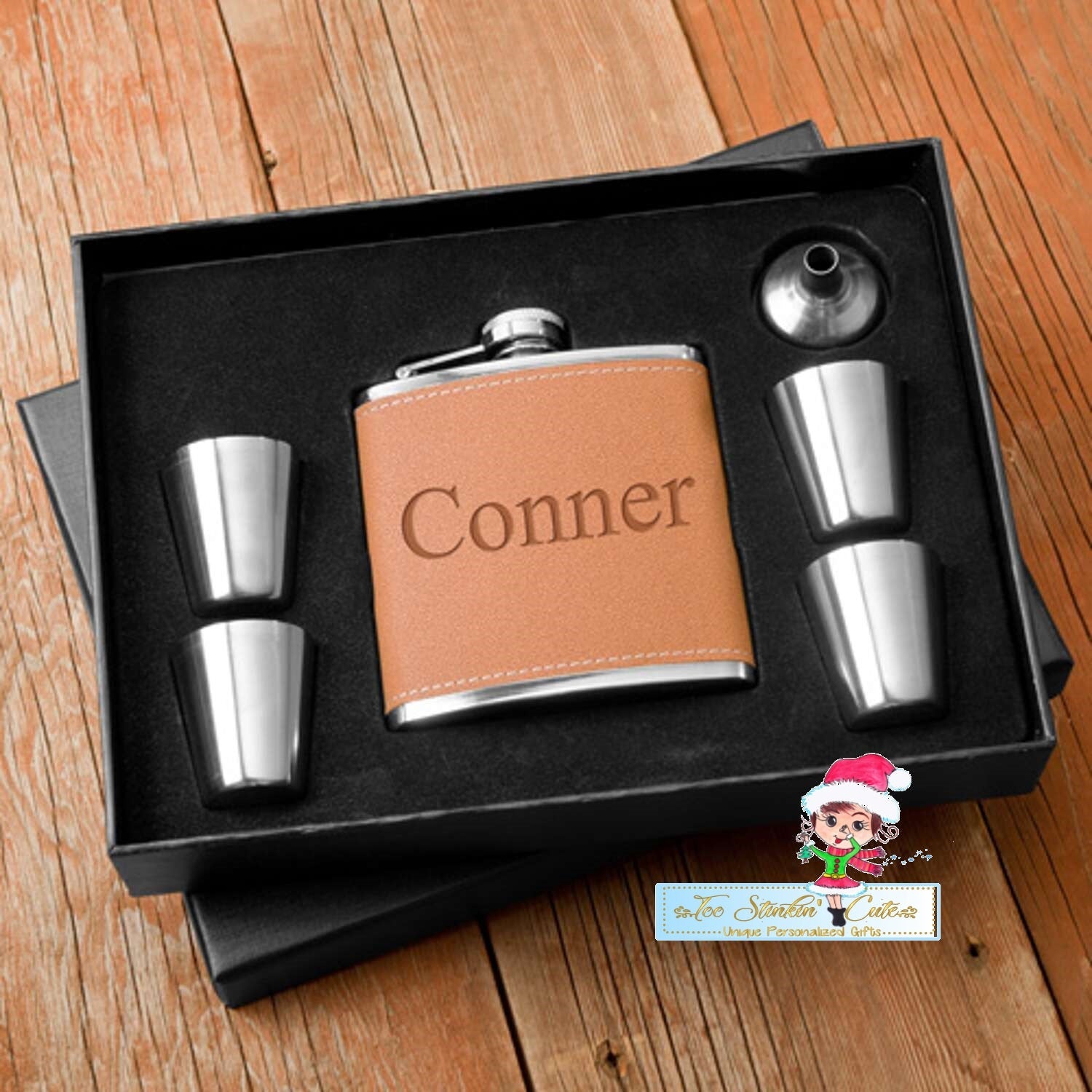 Personalized ANY NAME Hide Stitch Flask & Shot Glass Gift Box Set/ Custom Liquor Flask/ Unique Gift/ Fathers Day Wedding Groomsman Bar Beer