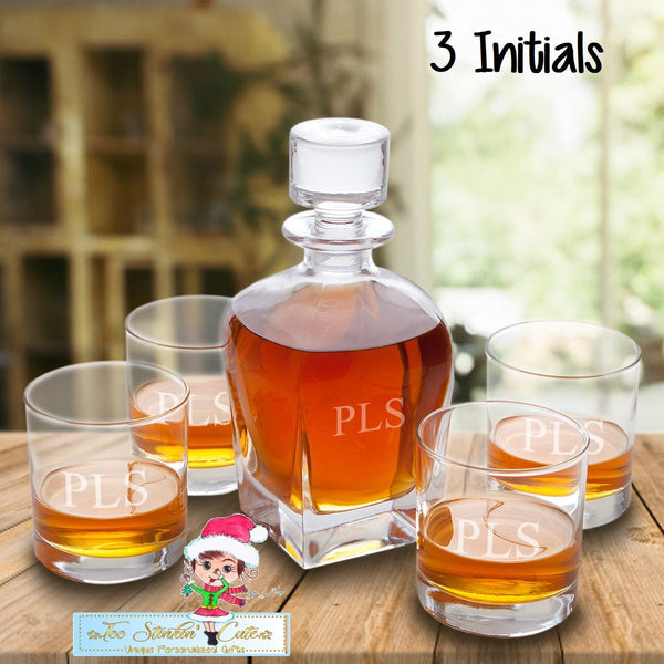 Personalized Decanter set with 4 low balls/ Whiskey Barware Bar Liquor Men Boss Executive Wedding