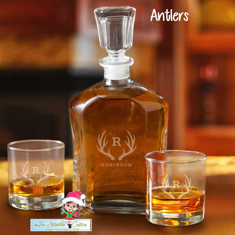 Personalized Engraved ANY NAME Decanter Set with 2 Low ball Glasses/ Unique Gift/ Custom Bar Set/ Mens