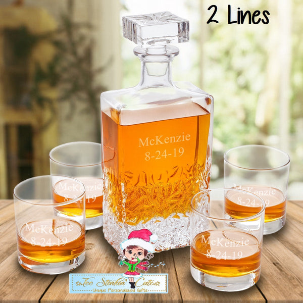 Personalized Decanter set with 4 low balls/ Liquor Whiskey Barware Boss Executive Dad Bar
