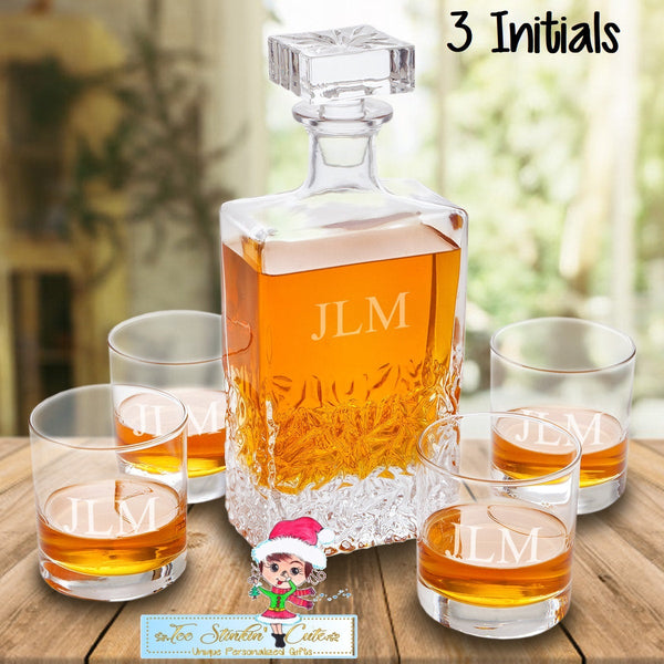 Personalized Decanter set with 4 low balls/ Liquor Whiskey Barware Boss Executive Dad Bar