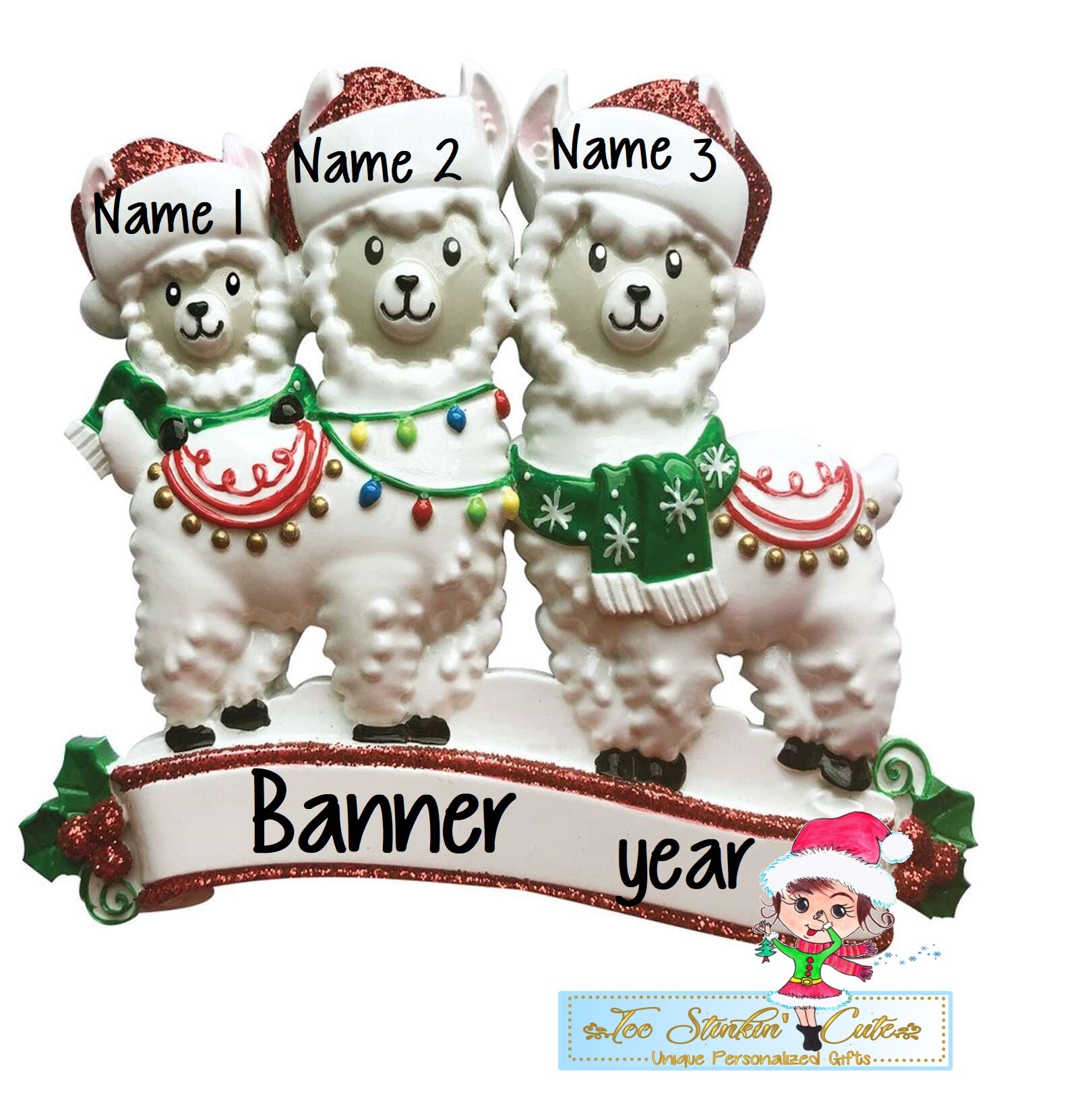 Llama Family of 3 Personalized Christmas Ornament + Free Shipping
