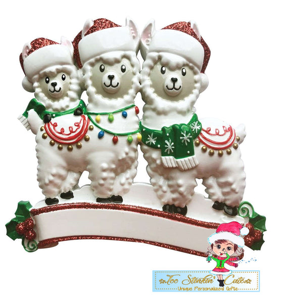 Llama Family of 3 Personalized Christmas Ornament + Free Shipping
