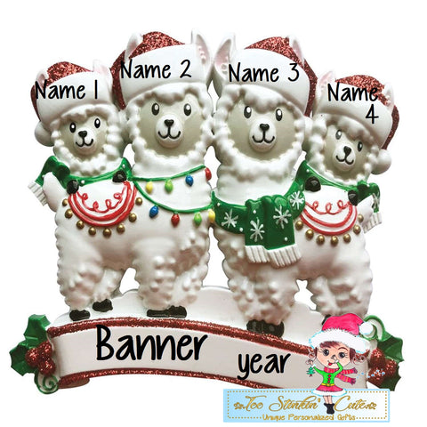 Llama Family of 4 Personalized Christmas Ornament + Free Shipping