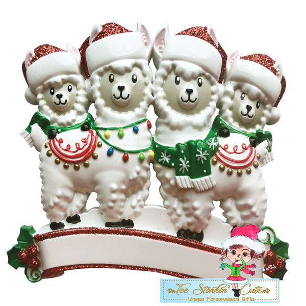Llama Family of 4 Personalized Christmas Ornament + Free Shipping