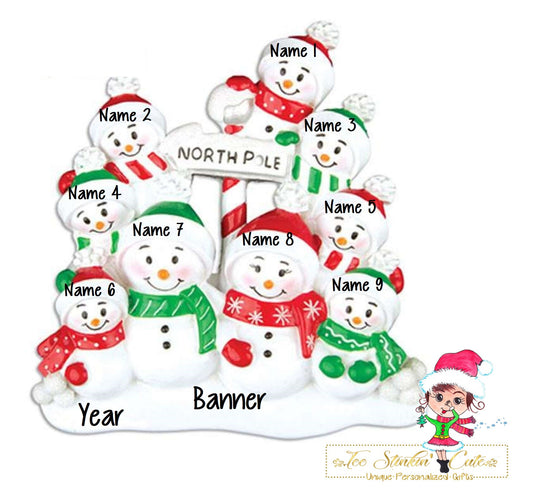 North Pole Snowman Family of 9 Christmas Table Topper. Product photo 1.
