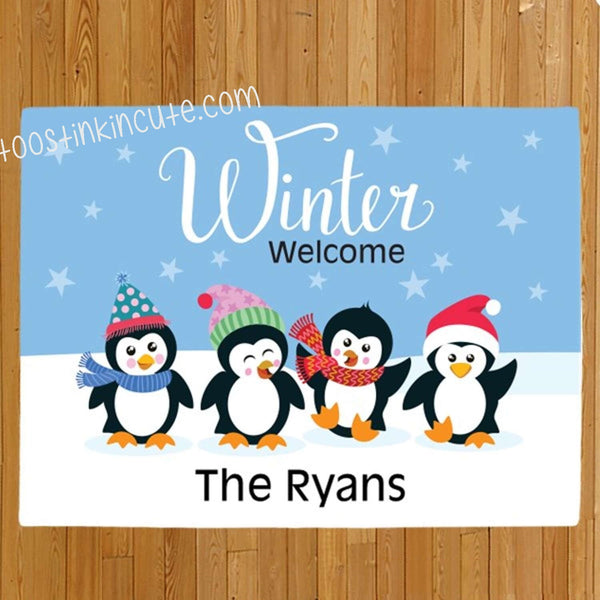 Winter Christmas Penguin Personalized Doormat
