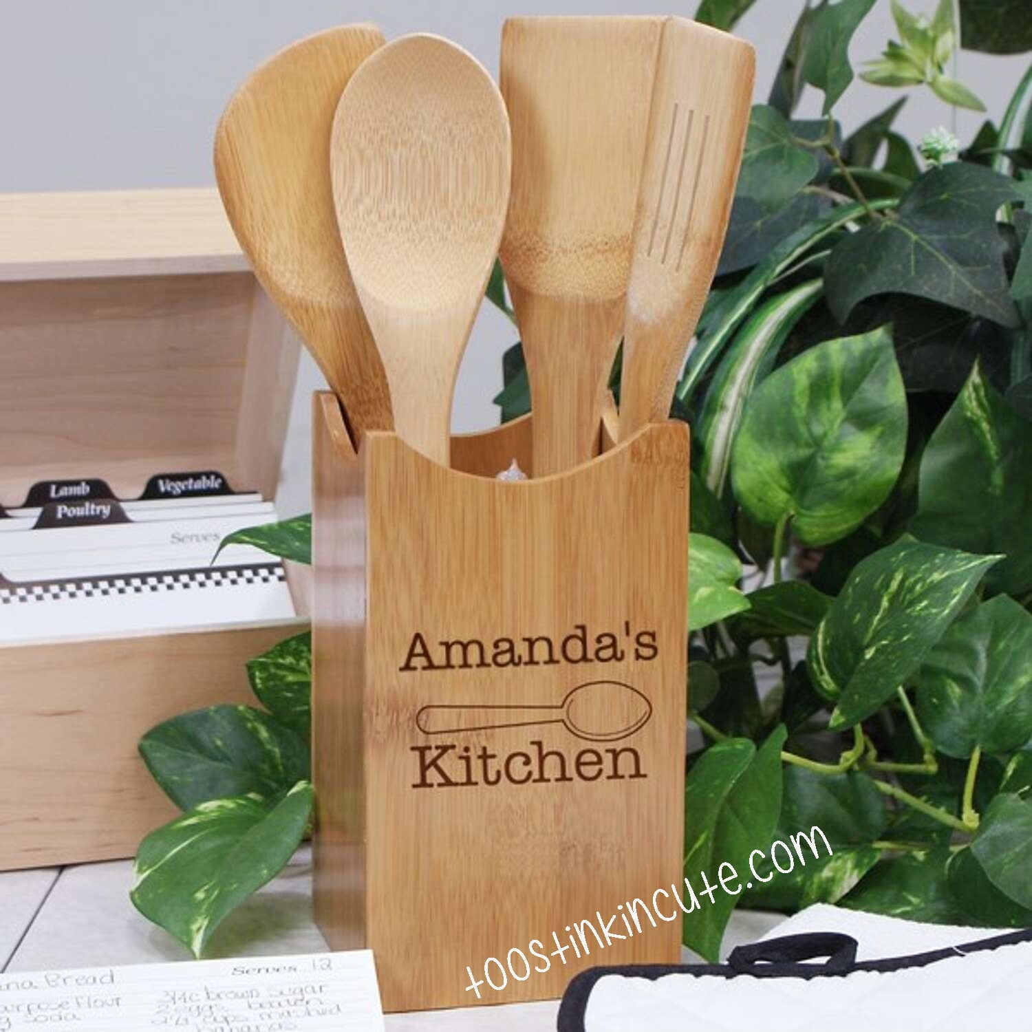 Engraved Kitchen Bamboo Utensil Holder