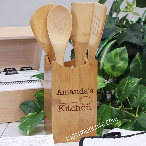 Engraved Kitchen Bamboo Utensil Holder