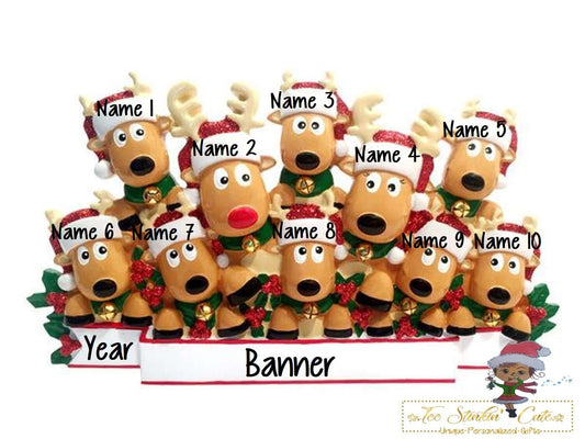 Ten reindeer in three rows on a family table topper, with numbered names, a banner, and year placement.