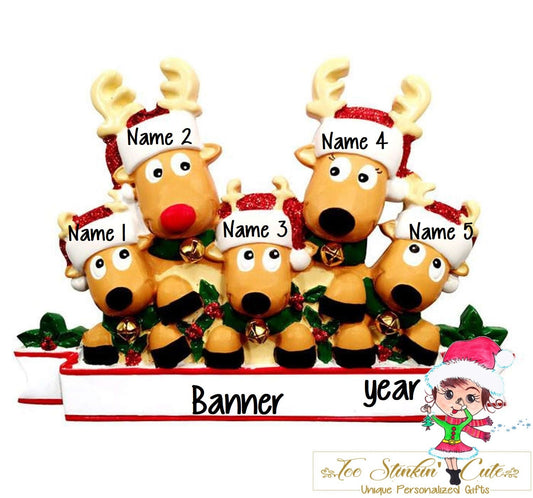 Reindeer family of five table topper with Santa hats, numbered name spaces, a banner, and year area.