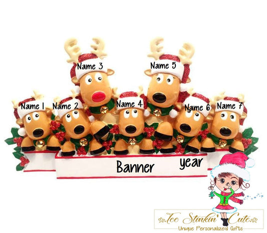 Reindeer family of seven Christmas table topper showing numbered name spaces, banner, and year placement.