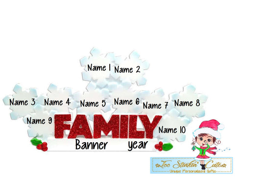 Family of 10 table topper with white snowflakes above glittery red FAMILY lettering. Sample personalization labels are shown.