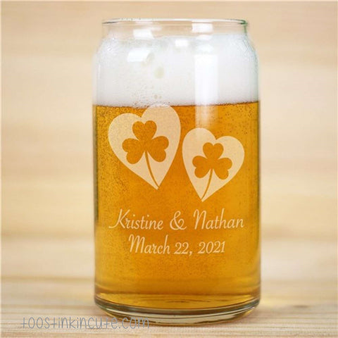 Personalized Shamrock Hearts Beer Can Glass