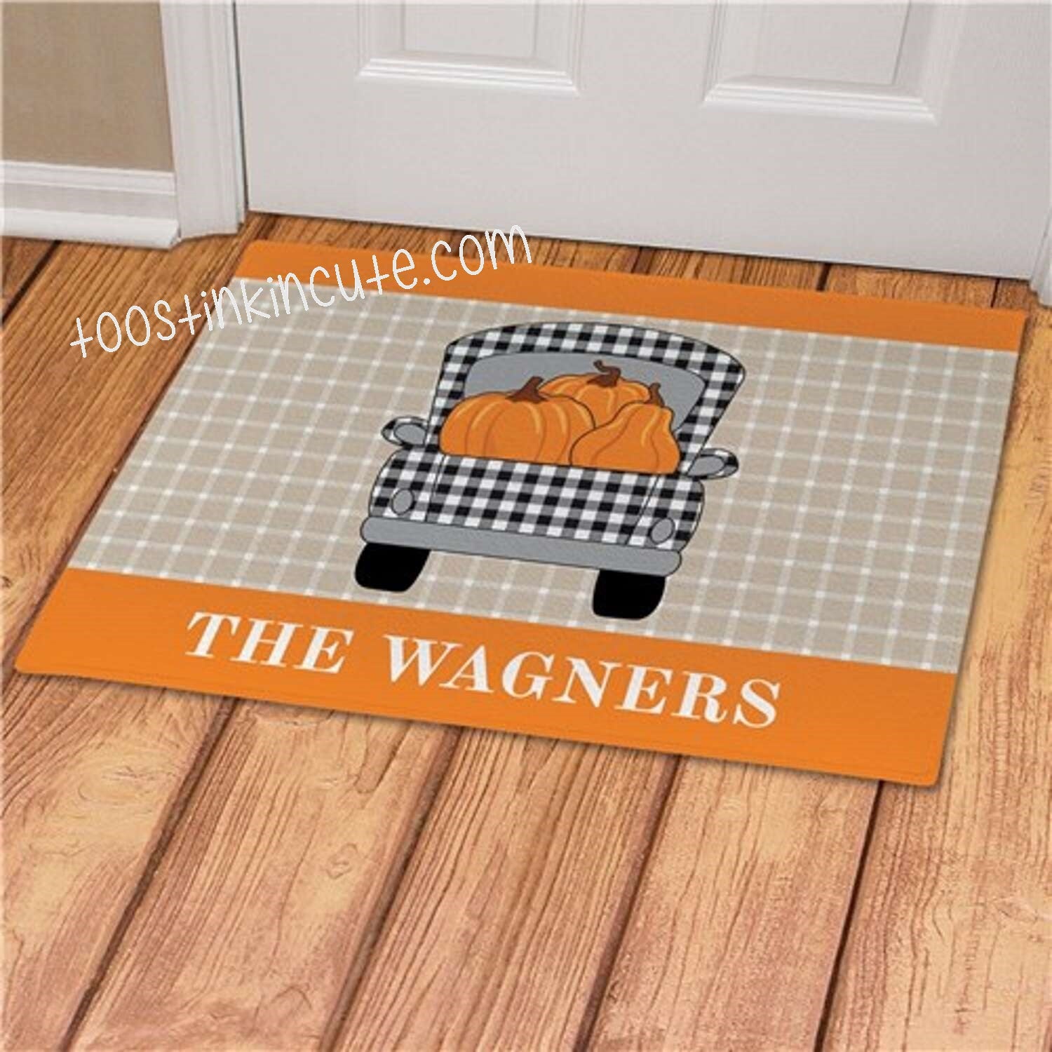 Buffalo Check Pumpkin Truck Personalized Doormat