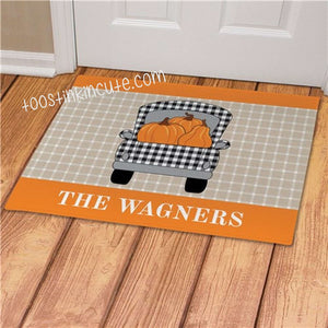 Buffalo Check Pumpkin Truck Personalized Doormat