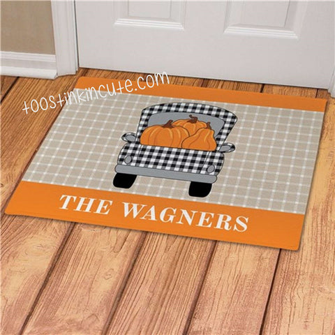 Buffalo Check Pumpkin Truck Personalized Doormat